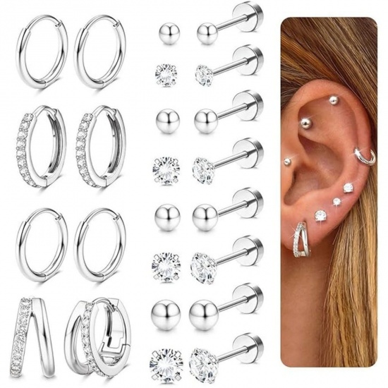 Immagine di Semplice Elegante Orecchini Set All'Ingrosso, Tondo Trasparente Circonio Cubico Platino Placcato Ottone, Donne Regalo Fornitura di Gioielli, 1 Serie ( 24 Pz/Serie)