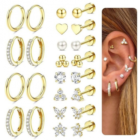Immagine di Semplice Elegante Orecchini Set All'Ingrosso, Farfalla Fiore Trasparente Circonio Cubico Placcato Oro 18K Ottone, Donne Regalo Fornitura di Gioielli, 1 Serie ( 24 Pz/Serie)