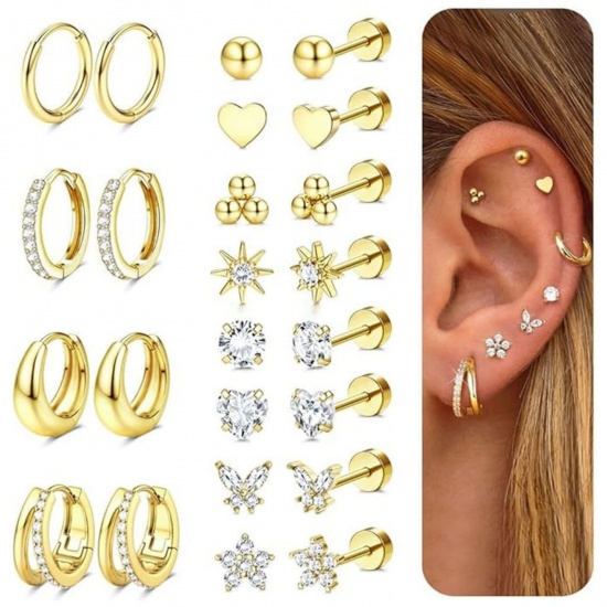 Immagine di Semplice Elegante Orecchini Set All'Ingrosso, Farfalla Fiore Trasparente Circonio Cubico Placcato Oro 18K Ottone, Donne Regalo Fornitura di Gioielli, 1 Serie ( 24 Pz/Serie)