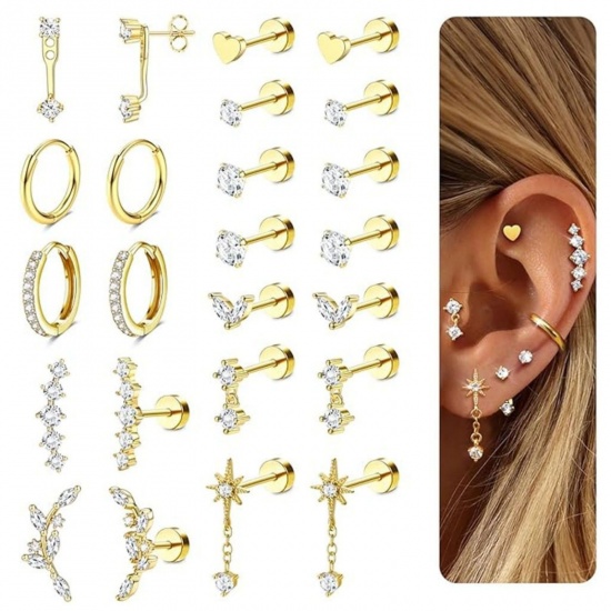 Immagine di Semplice Elegante Orecchini Set All'Ingrosso, Cuore Stella Trasparente Circonio Cubico Placcato Oro 18K Ottone, Donne Regalo Fornitura di Gioielli, 1 Serie ( 24 Pz/Serie)