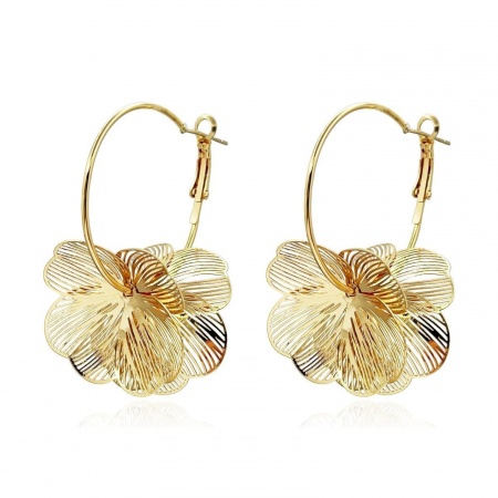 Immagine di Retrò Elegante Orecchini Circolari All'Ingrosso, Fiore Filigree Stamping Placcato Oro 18K Ottone, Donne Regalo Fornitura di Gioielli, 5.2cm x 3.7cm, 1 Paio
