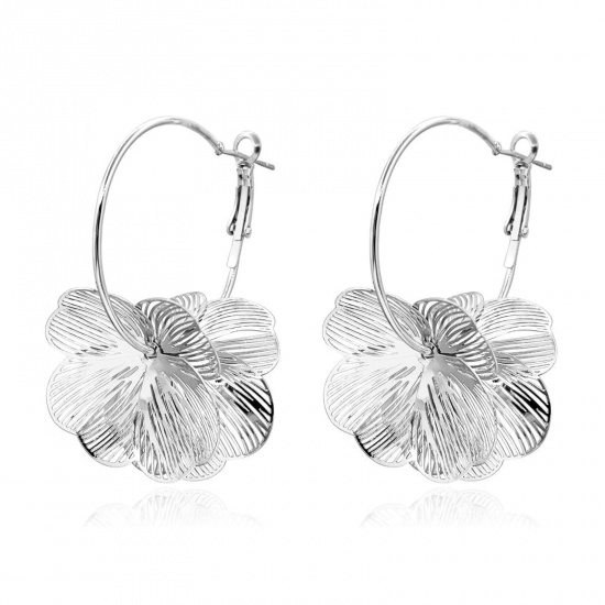Picture of Wholesale Retro Stylish Hoop Earrings, Flower Filigree Stamping Platinum Plated Brass, Women's Gift Jewelry Supply, 5.2cm x 3.7cm, 1 Pair