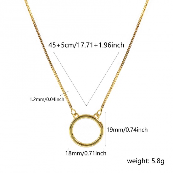 Picture of 1 Piece Brass Simple Box Chain Charm Holder Necklace Wholesale 18K Gold Plated Circle Ring 45cm(17.7") + 5cm(2") long