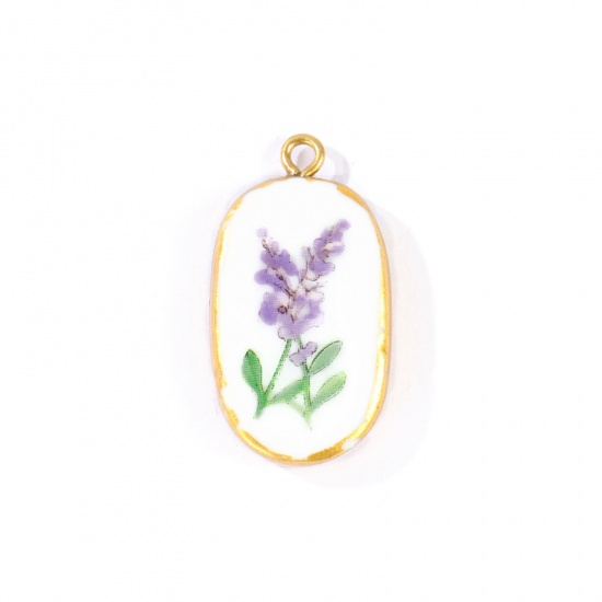 Picture of 2 PCs Eco-friendly PVD Waterproof Anti-Tarnish Hypoallergenic 304 Stainless Steel & Ceramic Pendants Wholesale 18K Real Gold Plated Purple Oval Lavender 3cm x 1.6cm