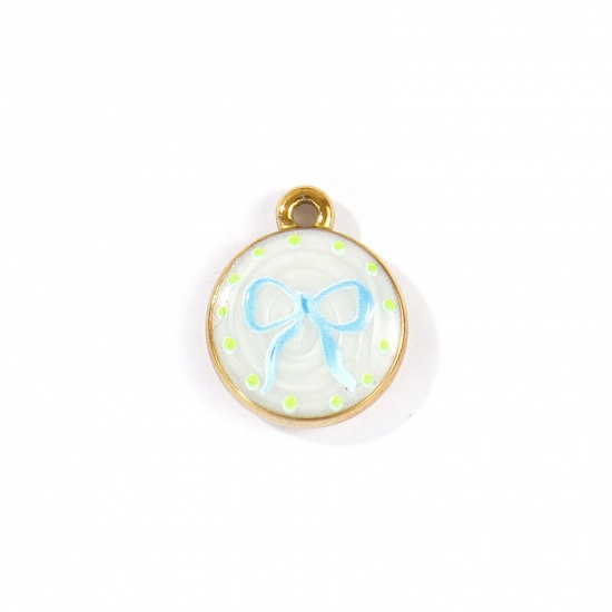 Picture of 2 PCs Eco-friendly PVD Waterproof Anti-Tarnish Hypoallergenic 304 Stainless Steel Clothes Charms Wholesale 18K Real Gold Plated Blue Round Disc Bowknot Printed 18mm x 15mm