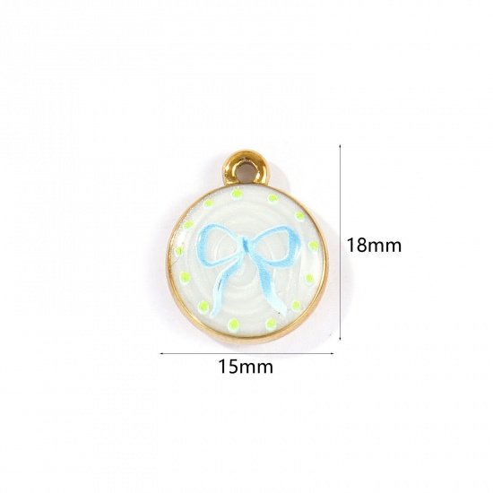 Picture of 2 PCs Eco-friendly PVD Waterproof Anti-Tarnish Hypoallergenic 304 Stainless Steel Clothes Charms Wholesale 18K Real Gold Plated Blue Round Disc Bowknot Printed 18mm x 15mm