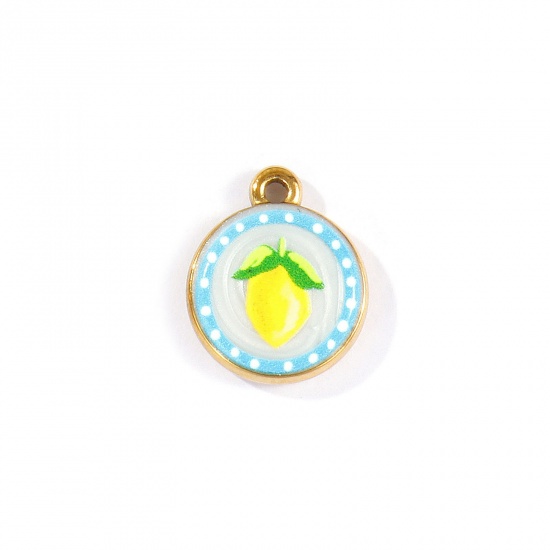 Picture of 2 PCs Eco-friendly PVD Waterproof Anti-Tarnish Hypoallergenic 304 Stainless Steel Charms Wholesale 18K Real Gold Plated Yellow Round Disc Lemon Printed 18mm x 15mm