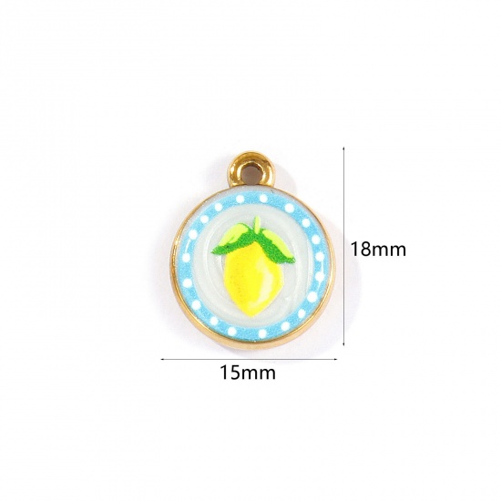 Picture of 2 PCs Eco-friendly PVD Waterproof Anti-Tarnish Hypoallergenic 304 Stainless Steel Charms Wholesale 18K Real Gold Plated Yellow Round Disc Lemon Printed 18mm x 15mm