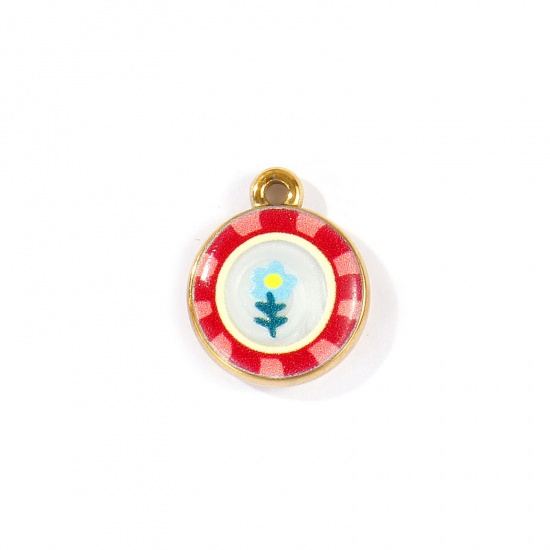 Picture of 2 PCs Eco-friendly PVD Waterproof Anti-Tarnish Hypoallergenic 304 Stainless Steel Charms Wholesale 18K Real Gold Plated Red Round Disc Flower Printed 18mm x 15mm