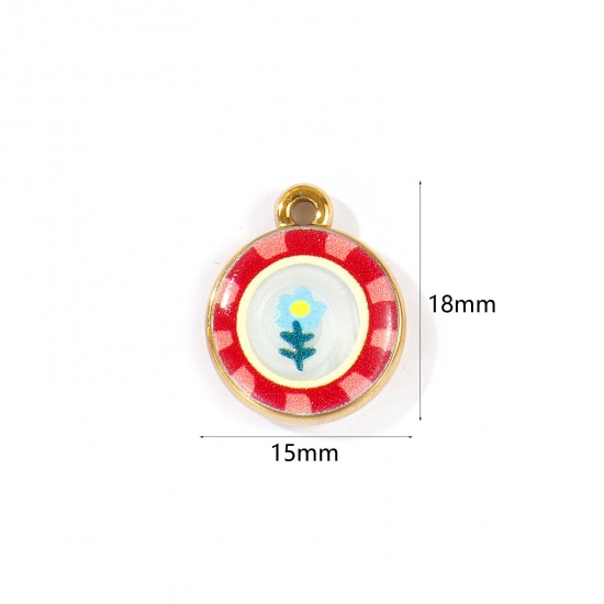 Picture of 2 PCs Eco-friendly PVD Waterproof Anti-Tarnish Hypoallergenic 304 Stainless Steel Charms Wholesale 18K Real Gold Plated Red Round Disc Flower Printed 18mm x 15mm