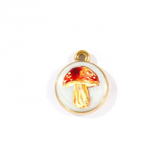 Picture of 2 PCs Eco-friendly PVD Waterproof Anti-Tarnish Hypoallergenic 304 Stainless Steel Charms Wholesale 18K Real Gold Plated Brown Round Disc Mushroom Printed 18mm x 15mm