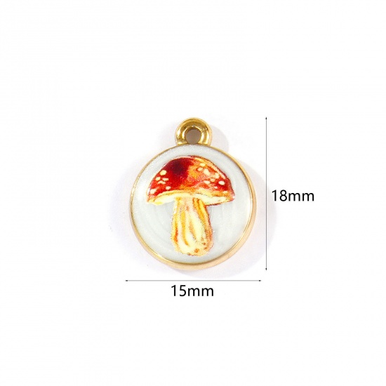 Picture of 2 PCs Eco-friendly PVD Waterproof Anti-Tarnish Hypoallergenic 304 Stainless Steel Charms Wholesale 18K Real Gold Plated Brown Round Disc Mushroom Printed 18mm x 15mm