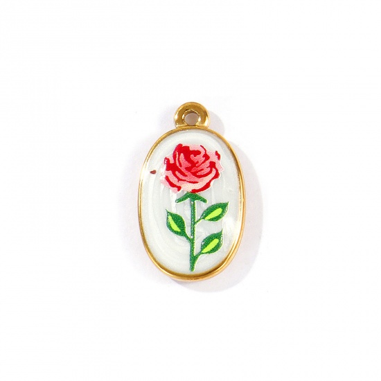 Picture of 2 PCs Eco-friendly PVD Waterproof Anti-Tarnish Hypoallergenic 304 Stainless Steel Valentine's Day Charms Wholesale 18K Real Gold Plated Red Oval Rose Flower Printed 23mm x 14mm