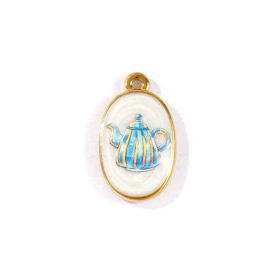 Picture of 2 PCs Eco-friendly PVD Waterproof Anti-Tarnish Hypoallergenic 304 Stainless Steel Charms Wholesale 18K Real Gold Plated Blue Oval Teapot Printed 23mm x 14mm