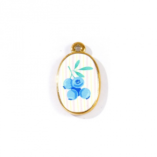 Picture of 2 PCs Eco-friendly PVD Waterproof Anti-Tarnish Hypoallergenic 304 Stainless Steel Charms Wholesale 18K Real Gold Plated Blue Oval Blueberry Printed 23mm x 14mm