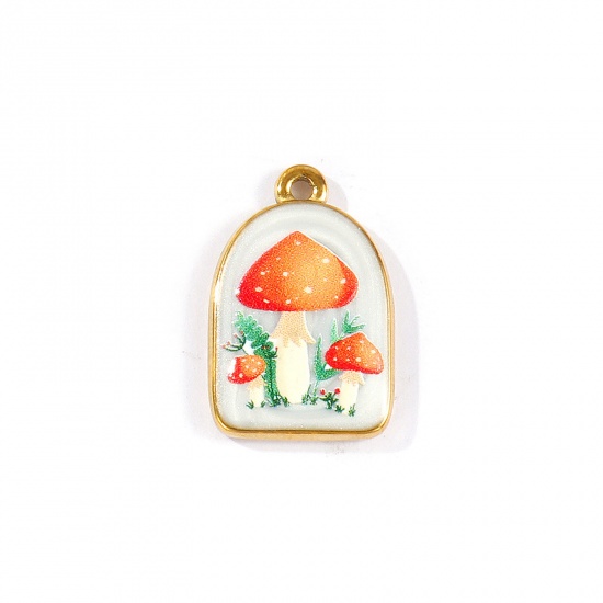Picture of 2 PCs Eco-friendly PVD Waterproof Anti-Tarnish Hypoallergenic 304 Stainless Steel Charms Wholesale 18K Real Gold Plated Orange Half Ellipse Mushroom Printed 23mm x 15mm