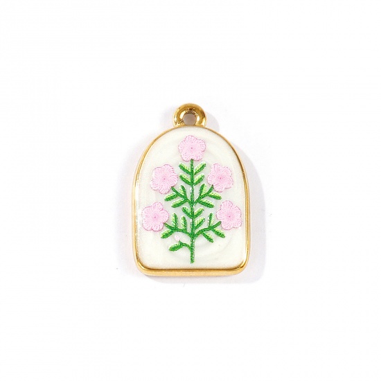 Picture of 2 PCs Eco-friendly PVD Waterproof Anti-Tarnish Hypoallergenic 304 Stainless Steel Charms Wholesale 18K Real Gold Plated Pink Half Ellipse Flower Printed 23mm x 15mm