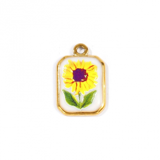 Picture of 2 PCs Eco-friendly PVD Waterproof Anti-Tarnish Hypoallergenic 304 Stainless Steel Charms Wholesale 18K Real Gold Plated Yellow Octagon Sunflower Printed 23mm x 15mm