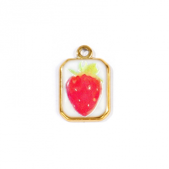 Picture of 2 PCs Eco-friendly PVD Waterproof Anti-Tarnish Hypoallergenic 304 Stainless Steel Charms Wholesale 18K Real Gold Plated Red Octagon Strawberry Fruit Printed 23mm x 15mm