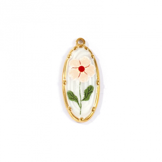 Picture of 2 PCs Eco-friendly PVD Waterproof Anti-Tarnish Hypoallergenic 304 Stainless Steel Pendants Wholesale 18K Real Gold Plated Peachy Beige Oval Flower Printed 3.4cm x 1.5cm