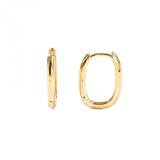 Picture of Wholesale Simple Stylish Huggie Hoop Earrings, Rectangle 18K Real Gold Plated Brass, Women's Eco-friendly Gift Jewelry Supply, 18mm x 14mm, Post/ Wire Size: 0.9mm(19 gauge), 2 PCs
