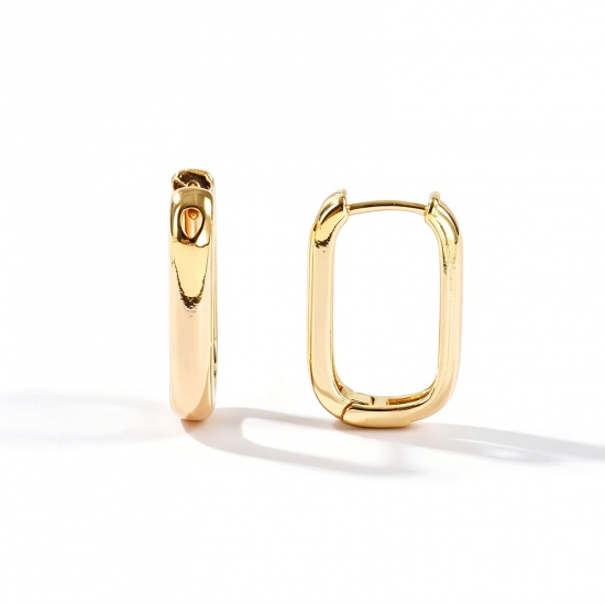 Picture of Wholesale Simple Stylish Huggie Hoop Earrings, Rectangle 18K Real Gold Plated Brass, Women's Eco-friendly Gift Jewelry Supply, 20mm x 13mm, Post/ Wire Size: 0.9mm(19 gauge), 2 PCs