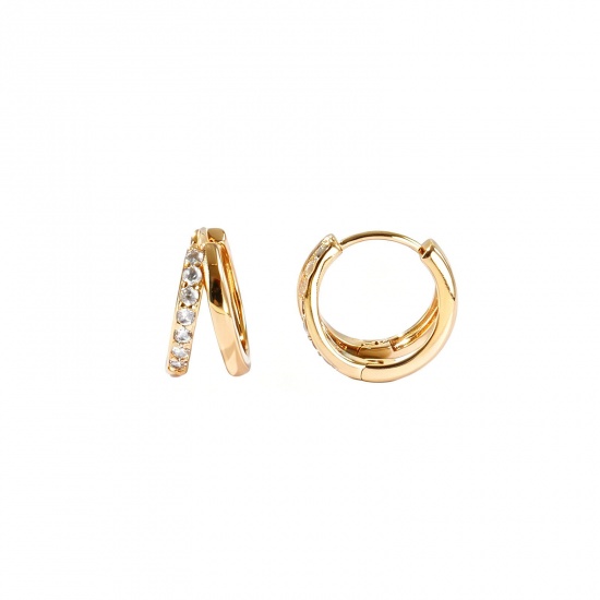 Picture of Wholesale Simple Stylish Huggie Hoop Earrings, Round Clear Cubic Zirconia Hollow 18K Real Gold Plated Brass, Women's Eco-friendly Gift Jewelry Supply, 13mm Dia., Post/ Wire Size: 0.8mm(20 gauge), 2 PCs