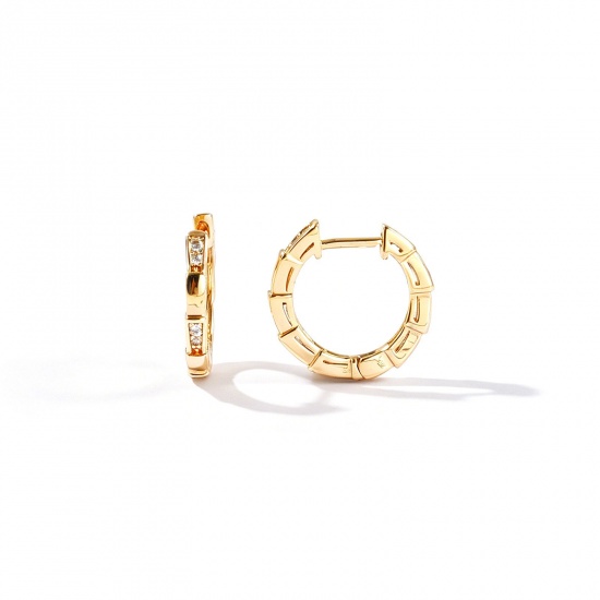 Picture of Wholesale Simple Stylish Huggie Hoop Earrings, Round Clear Cubic Zirconia 18K Real Gold Plated Brass, Women's Eco-friendly Gift Jewelry Supply, 15mm Dia., Post/ Wire Size: 0.9mm(19 gauge), 2 PCs