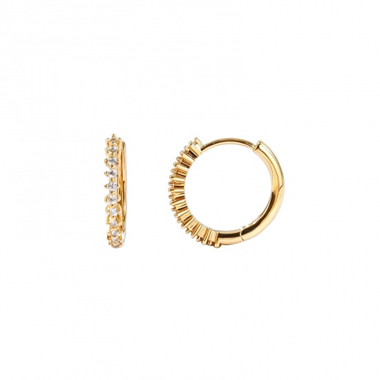 Picture of Wholesale Simple Stylish Huggie Hoop Earrings, Round Clear Cubic Zirconia 18K Real Gold Plated Brass, Women's Eco-friendly Gift Jewelry Supply, 15.5mm Dia., Post/ Wire Size: 0.9mm(19 gauge), 2 PCs