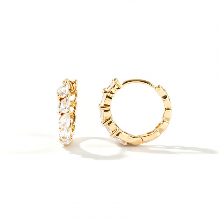 Immagine di Semplice Elegante Orecchini Ad Anello Abbraccio All'Ingrosso, Tondo Goccia Trasparente Circonio Cubico 18K Vero Oro Placcato Ottone, Donne Ecologico Regalo Fornitura di Gioielli, 16.5mm Dia., Posta/Filo Dimensione: 0.9mm(19 misura), 2 Pz