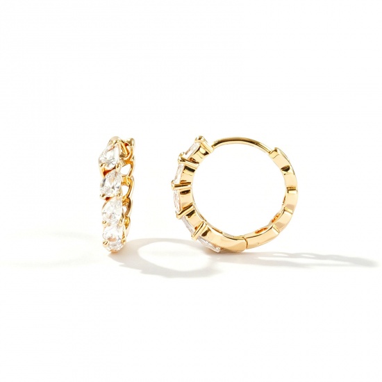 Picture of Wholesale Simple Stylish Huggie Hoop Earrings, Round Drop Clear Cubic Zirconia 18K Real Gold Plated Brass, Women's Eco-friendly Gift Jewelry Supply, 16.5mm Dia., Post/ Wire Size: 0.9mm(19 gauge), 2 PCs