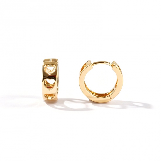 Picture of Wholesale Simple Stylish Huggie Hoop Earrings, Round Heart 18K Real Gold Plated Brass, Women's Eco-friendly Gift Jewelry Supply, 13mm Dia., Post/ Wire Size: 0.9mm(19 gauge), 2 PCs