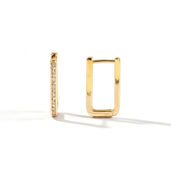 Picture of Wholesale Simple Stylish Huggie Hoop Earrings, Rectangle Clear Cubic Zirconia 18K Real Gold Plated Brass, Women's Eco-friendly Gift Jewelry Supply, 18mm x 10mm, Post/ Wire Size: 1mm(18 gauge), 2 PCs