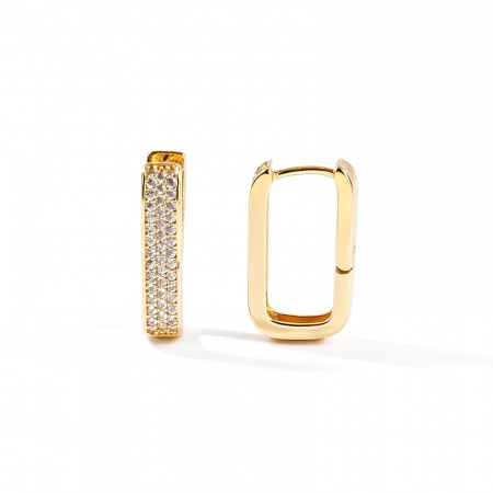 Immagine di Semplice Elegante Orecchini Ad Anello Abbraccio All'Ingrosso, Rettangolo Trasparente Circonio Cubico 18K Vero Oro Placcato Ottone, Donne Ecologico Regalo Fornitura di Gioielli, 19mm x 11mm, Posta/Filo Dimensione: 0.9mm(19 misura), 2 Pz