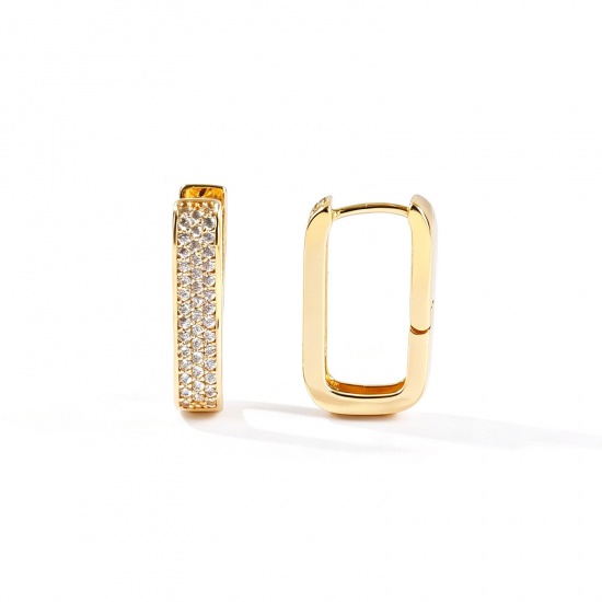 Picture of Wholesale Simple Stylish Huggie Hoop Earrings, Rectangle Clear Cubic Zirconia 18K Real Gold Plated Brass, Women's Eco-friendly Gift Jewelry Supply, 19mm x 11mm, Post/ Wire Size: 0.9mm(19 gauge), 2 PCs