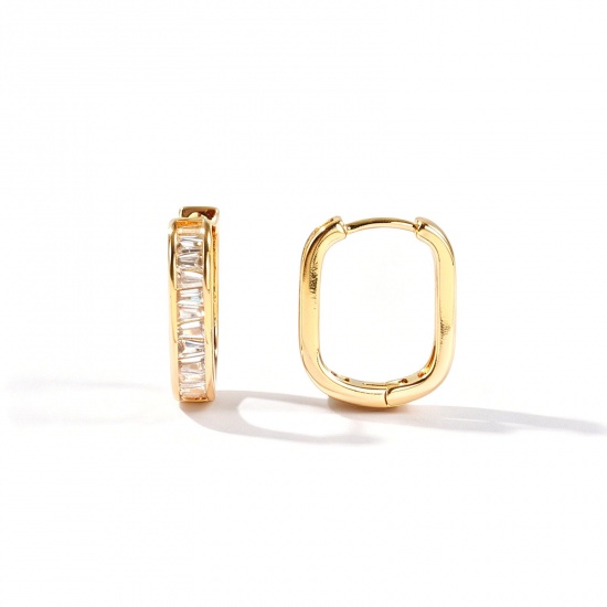 Picture of Wholesale Simple Stylish Huggie Hoop Earrings, Oval Clear Cubic Zirconia 18K Real Gold Plated Brass, Women's Eco-friendly Gift Jewelry Supply, 15.5mm x 13mm, Post/ Wire Size: 0.9mm(19 gauge), 2 PCs