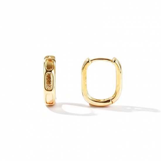 Picture of Wholesale Simple Stylish Huggie Hoop Earrings, Oval Hollow 18K Real Gold Plated Brass, Women's Eco-friendly Gift Jewelry Supply, 15mm x 13mm, Post/ Wire Size: 0.9mm(19 gauge), 2 PCs