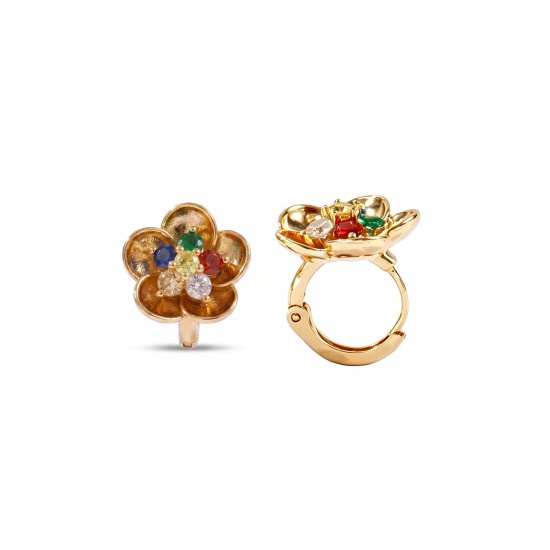 Picture of Wholesale Simple Stylish Huggie Hoop Earrings, Round Flower Multicolour Cubic Zirconia 18K Real Gold Plated Brass, Women's Eco-friendly Gift Jewelry Supply, 12mm Dia., Post/ Wire Size: 0.8mm(20 gauge), 2 PCs