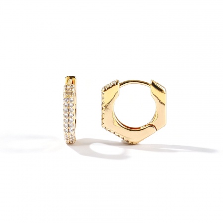 Immagine di Semplice Elegante Orecchini Ad Anello Abbraccio All'Ingrosso, Esagono Trasparente Circonio Cubico 18K Vero Oro Placcato Ottone, Donne Ecologico Regalo Fornitura di Gioielli, 14mm x 14mm, Posta/Filo Dimensione: 0.9mm(19 misura), 2 Pz