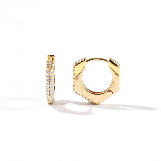 Picture of Wholesale Simple Stylish Huggie Hoop Earrings, Hexagon Clear Cubic Zirconia 18K Real Gold Plated Brass, Women's Eco-friendly Gift Jewelry Supply, 14mm x 14mm, Post/ Wire Size: 0.9mm(19 gauge), 2 PCs