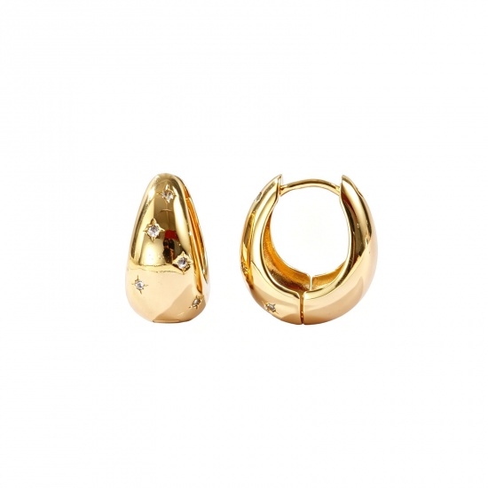 Picture of Wholesale Simple Stylish Huggie Hoop Earrings, Drop Star Clear Cubic Zirconia 18K Real Gold Plated Brass, Women's Eco-friendly Gift Jewelry Supply, 17mm x 15mm, Post/ Wire Size: 0.9mm(19 gauge), 2 PCs