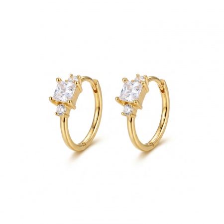 Picture of Wholesale Simple Stylish Huggie Hoop Earrings, Round Clear Cubic Zirconia 18K Real Gold Plated Brass, Women's Eco-friendly Gift Jewelry Supply, 15mm x 12mm, Post/ Wire Size: 0.8mm(20 gauge), 2 PCs