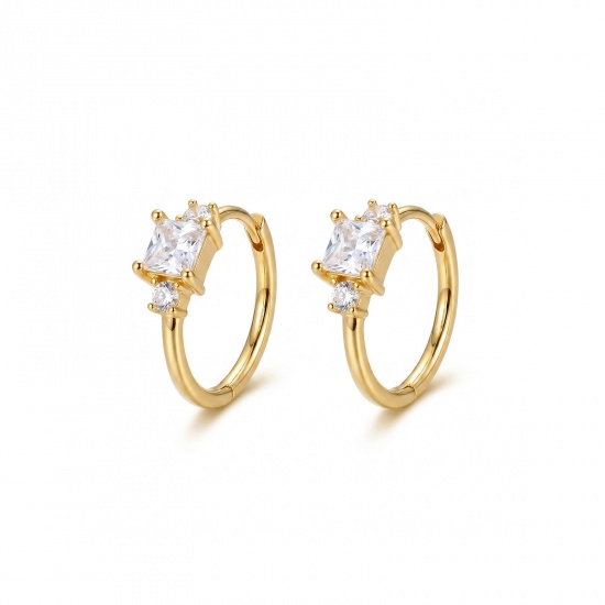 Picture of Wholesale Simple Stylish Huggie Hoop Earrings, Round Clear Cubic Zirconia 18K Real Gold Plated Brass, Women's Eco-friendly Gift Jewelry Supply, 15mm x 12mm, Post/ Wire Size: 0.8mm(20 gauge), 2 PCs