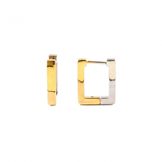 Picture of Wholesale Simple Stylish Hoop Earrings, Rectangle Two Tone 18K Real Gold Plated & Real Platinum Plated Brass, Unisex Eco-friendly Gift Jewelry Supply, 15mm x 13mm, Post/ Wire Size: 1mm(18 gauge), 2 PCs