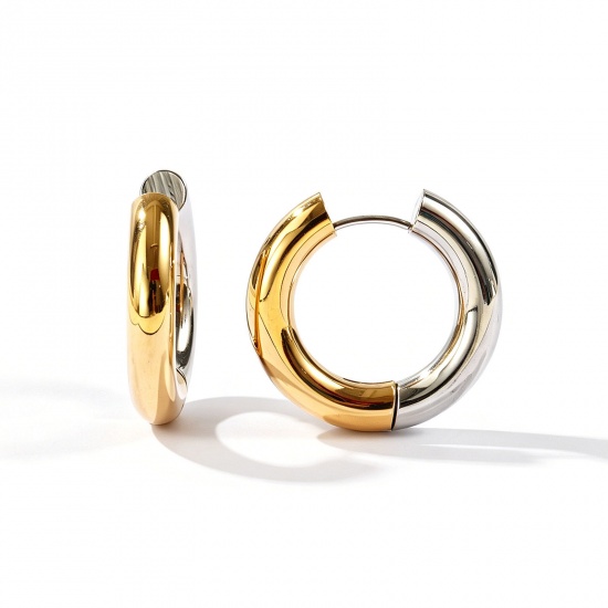 Picture of Wholesale Simple Stylish Hoop Earrings, Round Two Tone 18K Real Gold Plated & Real Platinum Plated Brass, Unisex Eco-friendly Gift Jewelry Supply, 26mm Dia., Post/ Wire Size: 1mm(18 gauge), 2 PCs
