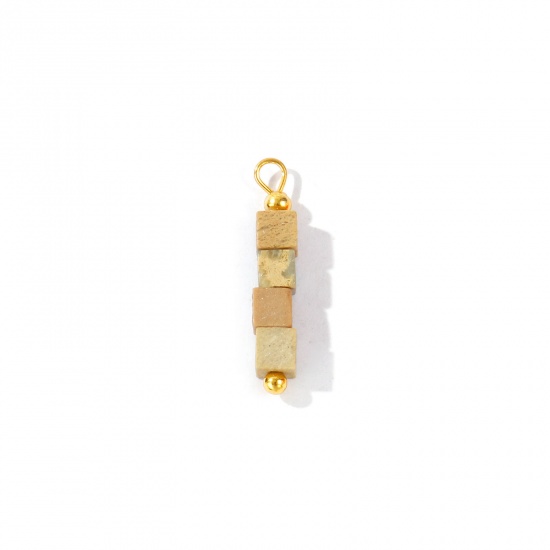 Imagen de 5 Unidades Gema & Latón Colgantes Al Por Mayor 18K Oro Real Chapado Caqui Cubo Con Cuentas 26mm x 4.5mm