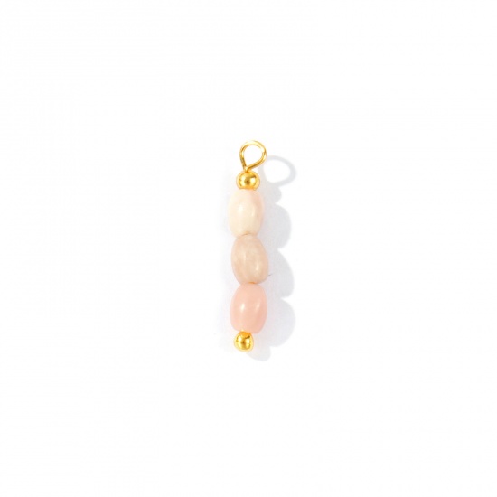 Imagen de 5 Unidades Gema & Latón Colgantes Al Por Mayor 18K Oro Real Chapado Color rosa Óvalo Con Cuentas 26mm x 4.5mm