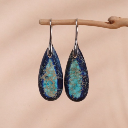 Immagine di Retrò Stile Etnico Orecchino All'Ingrosso, Goccia Blu & Blu Scuro Tono Argento Gemma & Ottone, Donne Regalo Fornitura di Gioielli, 5.3cm x 1.6cm, 1 Paio