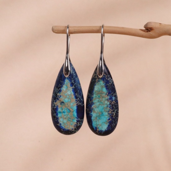Picture of Wholesale Retro Ethnic Style Earrings, Drop Blue & Dark Blue Silver Tone Gemstone & Brass, Women's Gift Jewelry Supply, 5.3cm x 1.6cm, 1 Pair