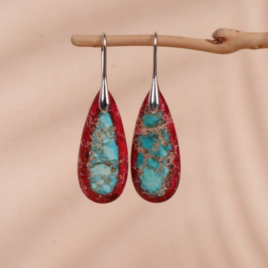 Picture of Wholesale Retro Ethnic Style Earrings, Drop Red & Blue Silver Tone Gemstone & Brass, Women's Gift Jewelry Supply, 5.3cm x 1.6cm, 1 Pair